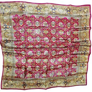 Echo Vintage Paisley Floral Mandala Silk Scarf Hand Roll Red Gold Pocket Square